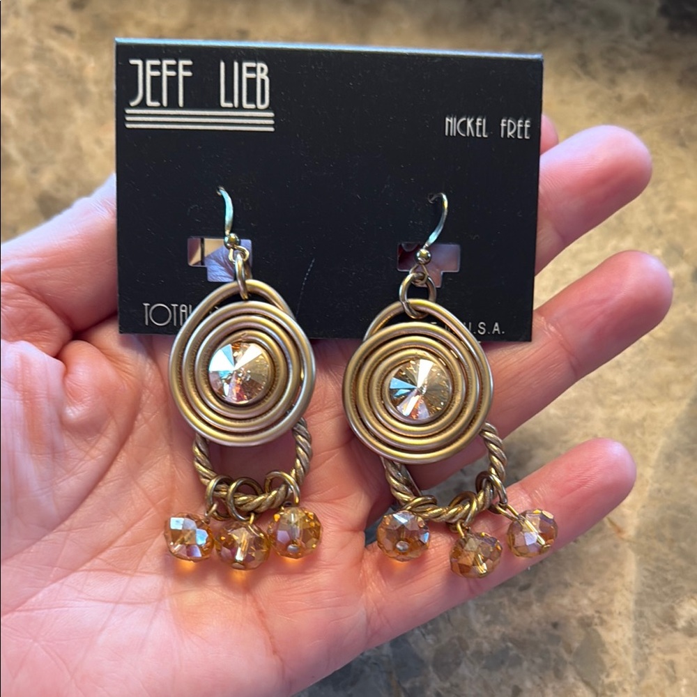 Gold Spiral Earrings with Crystal and Amber Dangles